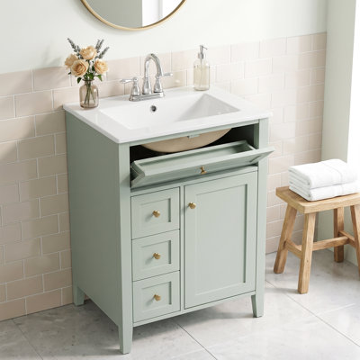 Meuble-lavabo autoportant intégré en céramique blanche 24 po avec armoire en panneau de fibres à densité moyenne bleu, bois d'hévéa massif, 3 tiroirs avec glissière de tiroir, 1 porte avec charnières, 1 tiroir basculant, poignée en métal noir, 