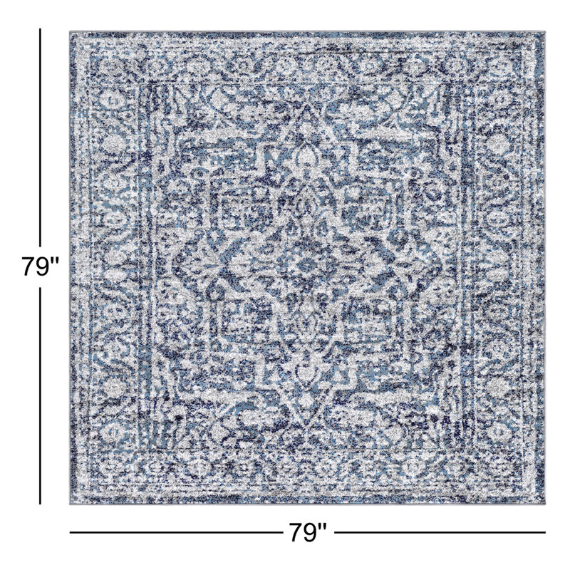 Tapis oriental bleu marine tissé au métier mécanique Ingrid, Carré 6 pi 7 po