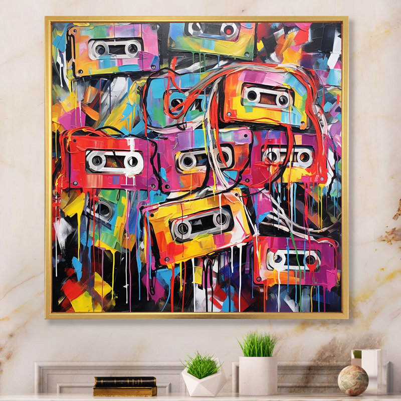 " Cassette Tapes Tangled Tunes I ", 30" H x 30" W x 1" D, Gold Floater Framed
