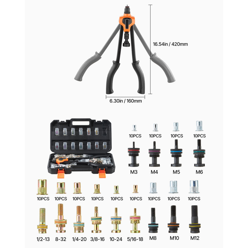 Ensemble d'outils pour écrou à riveter, ensemble d'outils à écrou riveté de 17 pouces, avec 13 mandrins et 130 écrous, métrique et SAE taille M3, M4, M5, M6, M8, M10, M12, 1 / 2-13, 8-32, 10-24 , 1 / 4-20, 5 / 16-18, 3 / 8-16 UNC, un étui de transport