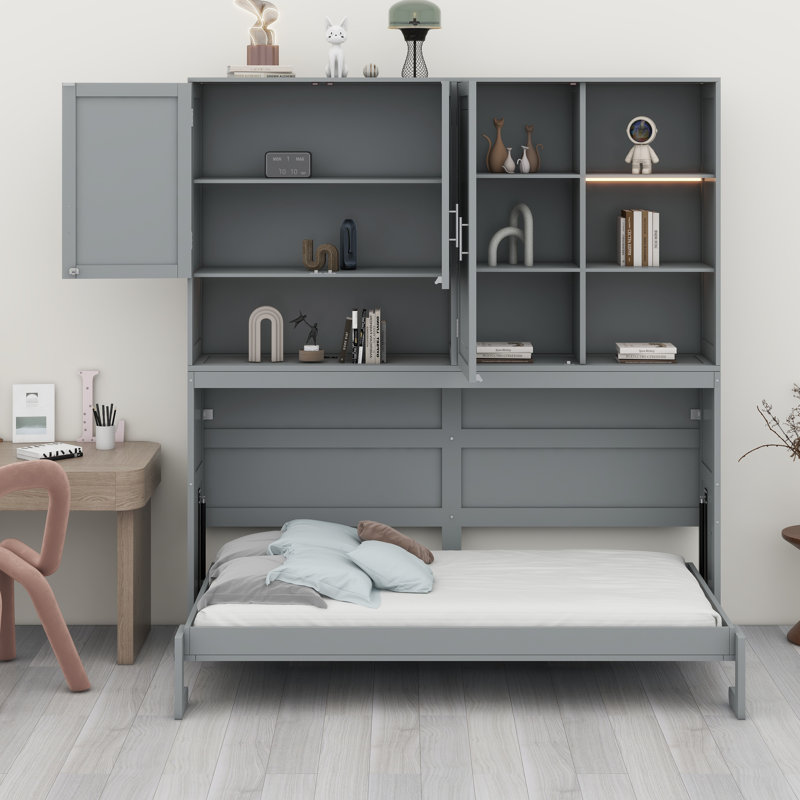 Lit escamotable avec armoire supérieure, tablettes, lit pliable peu encombrant avec éclairage et port USB, Gris