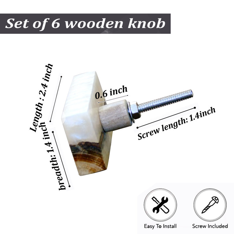 Set of 6 Tan and Dark Brown Wood Rectangular Knobs with Marble
