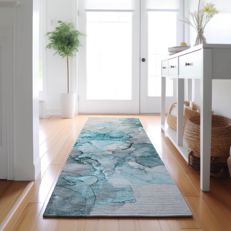 Premium Machine Washable Cerrito AMF520 Teal Rug, Runner 2'3" x 7'6"