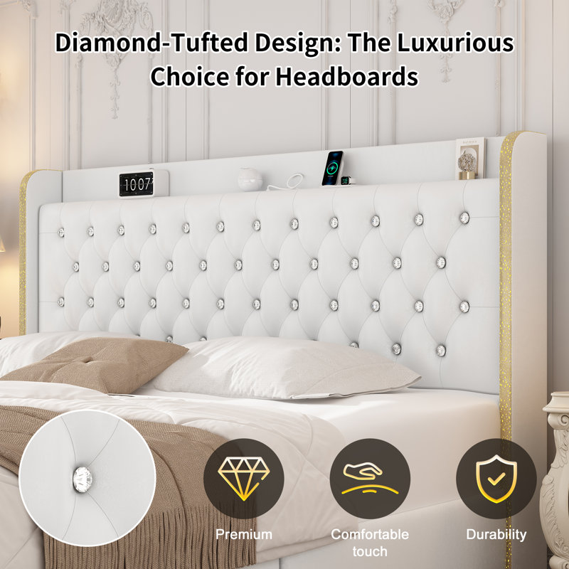 Upholstered Platform Bed Frame With 360° Galaxy Projector, Dustproof Storage Drawers, Wingback Headboard, White, Queen