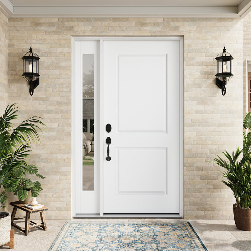 Entry Front Exterior Fiberglass Door 36" x 80" Primed White 2-Panel Prehung Door Fixed Single Sidelite White 1 Lite Clear Glass Door With Jamb, Right-Hand Inswing (Not Included Hardware Kit)