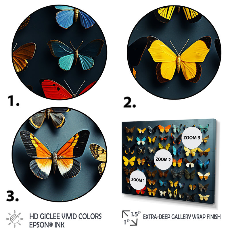 Collage de papillons colorés flottants - insectes et insectes, Toile tendue, H 40 po x l 61 po