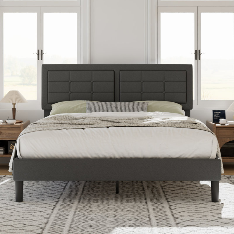 Structure de lit double Kempst, cadre de lit plateforme double rembourré avec tête de lit capitonnée à hauteur réglable, sommier robuste avec lattes de bois, aucun sommier requis, rangement sous le lit