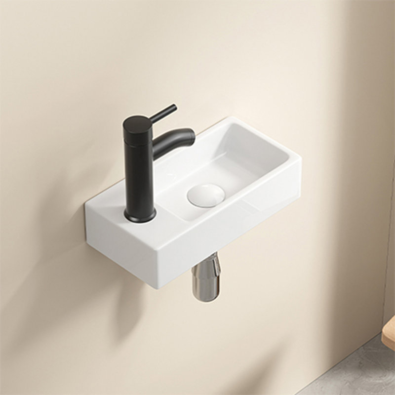 Lavabo mural à petite vasque rectangulaire en céramique avec lavabo à gauche, sans robinet ni bonde