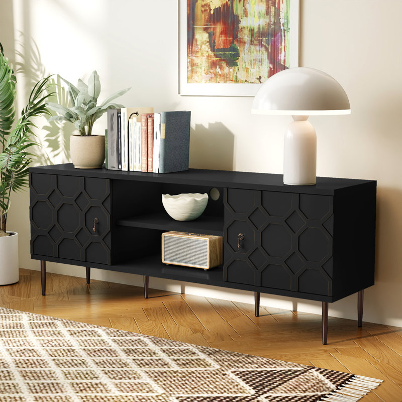 Contemporary TV Stand for 55-75 Inch TVs, Entertainment Center with Storage Cabinets and Open Shelves, Textured Pattern Console for Living Room