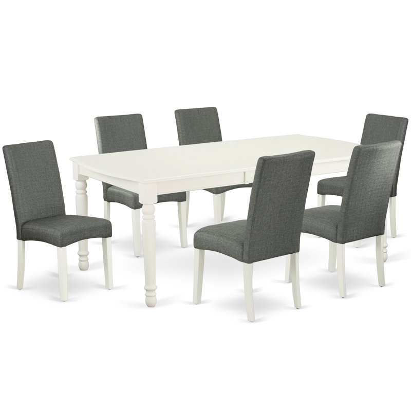 L'ensemble de salle à manger 7 pièces se compose d'une table de salle à manger rectangulaire avec feuille papillon et de 6 chaises rembourrées en lin gris, blanc lin