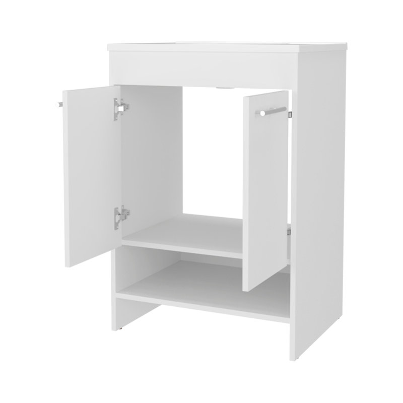 Meuble-lavabo 2 portes avec rangement ouvert, Blanc, Blanc