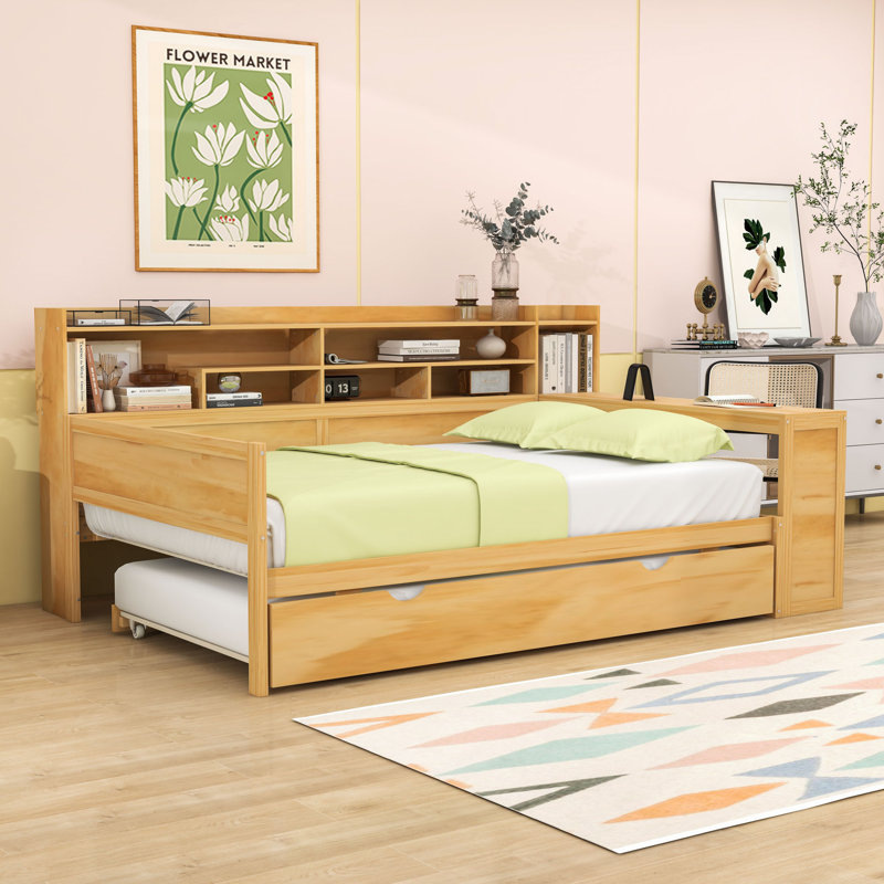 Lit de jour en bois avec tablettes, lit gigogne et bureau, Naturel, Complet/Double