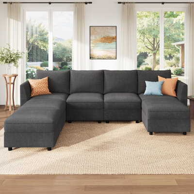 U Shaped Sleeper Sofa Sectional Sofa With Storage Seat Light Grey