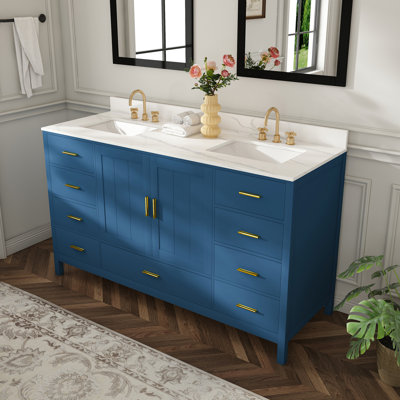 Meuble-lavabo en bois massif 60 po avec 2 lavabos, comptoir en quartz 61 po avec 6 trous de robinet pré-percés, 2 portes doubles à fermeture en douceur, 7 tiroirs et 2 petits compartiments de rangement rabattables (bleu)