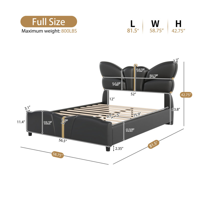 Structure de lit tapissier grand, avec tête et pied de lit en forme de papillon, cadre de lit plateforme avec décorations, aucun sommier tapissier requis, rose clair