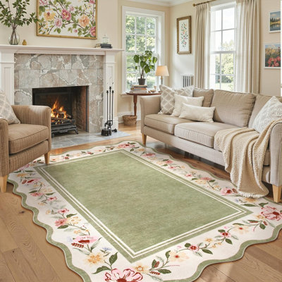  Floral Scalloped Rug Vintage Boho Washable Area Rug Soft Bedroom Rugs Non-Slip Throw Carpet