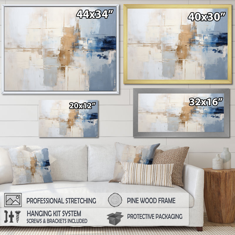 White And Blue Paint Fusion - Abstract Painting Wall Art, 16" H x 32" W x 1" D, Black Floater Framed