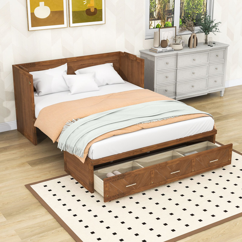 Grand lit escamotable en bois avec port USB et lattes, Noyer