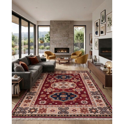 Tapis d'intérieur rectangulaire oriental en soie et laine crème et rouge, noué à la main, fait main