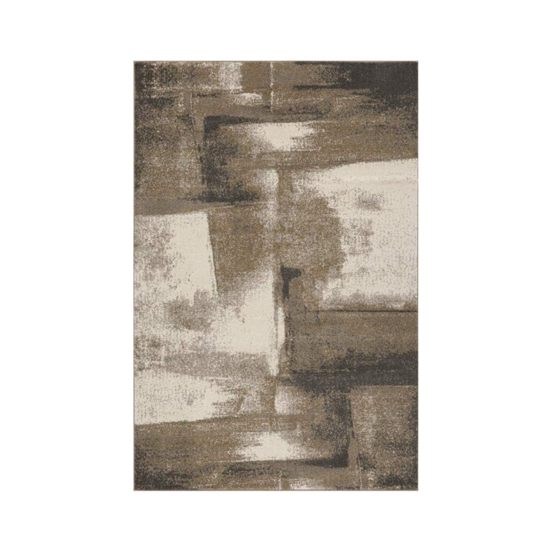 Brown Beige Abstract Block 5' x 7' Rug for Bedroom Hallway