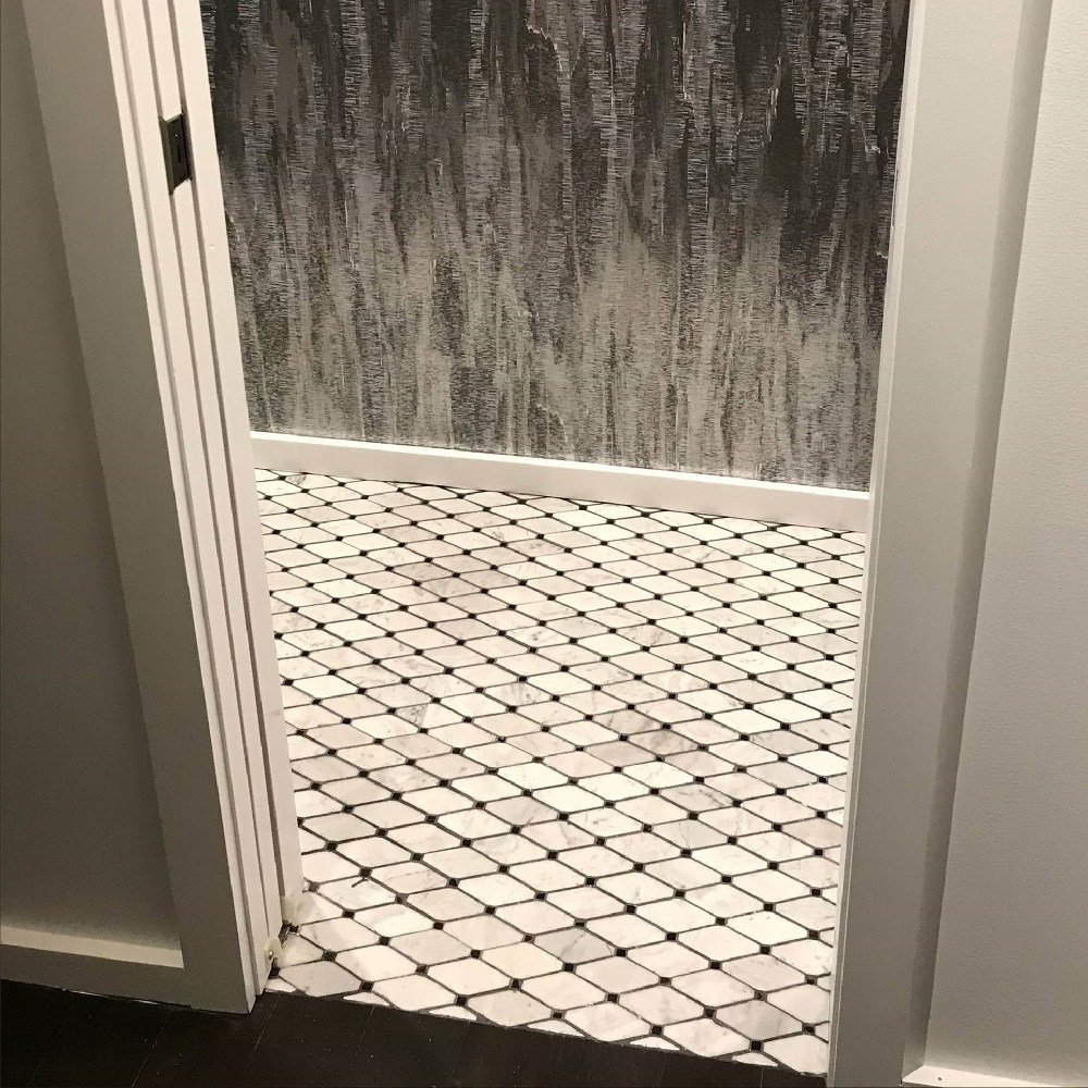 Crema Marfil Shower Shelf in bathroom with Honey Onyx Mini Mosaic wall tile  Installation