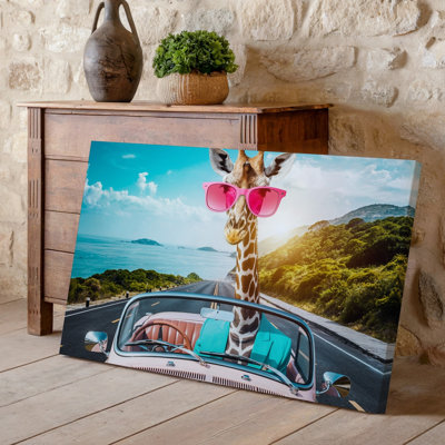 Canvas A Whimsical Scene Featuring A Giraffe Wearing Oversized Pink Sunglasses Wall Art And A Vibrant Turquoise Jacket Seated In The Canvas Wall Art