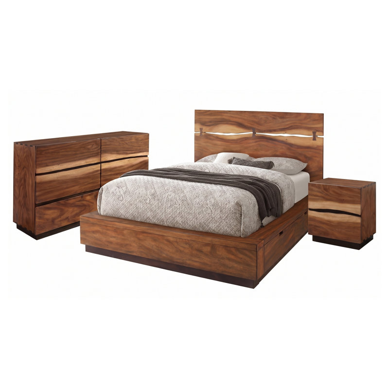 Ensemble de chambre à coucher 3 pièces Ashcombe en noyer fumé, format queen, comprenant un lit plateforme de rangement, une commode et une table de chevet.