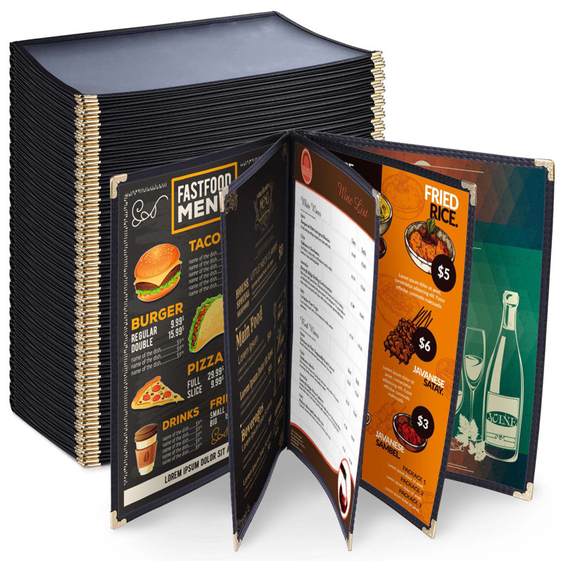 Paquet de 30 couvercles de menu de style livre 8,5 x 14 po WeChef, 8.5"x14", Black - 5 Page