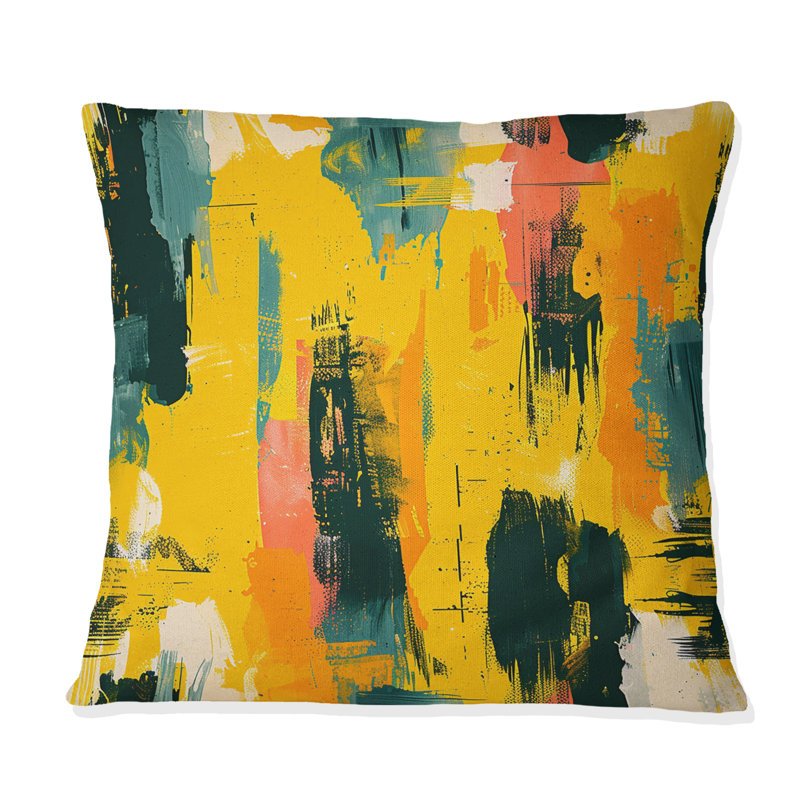 Jaune, vert, coups de pinceau - coussin décoratif moderne, H 16 po x l 16 po
