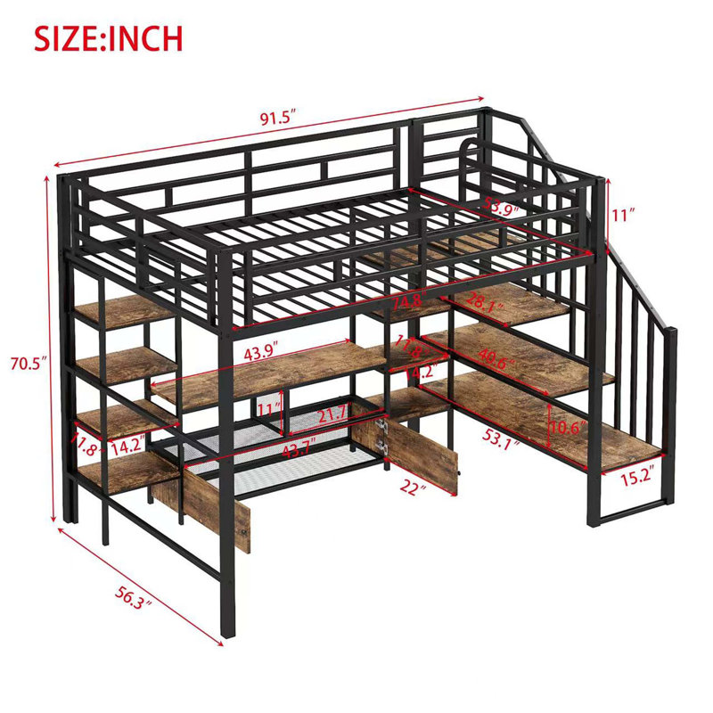Lit mezzanine double en métal avec escalier, table de rangement basse et tablettes de rangement