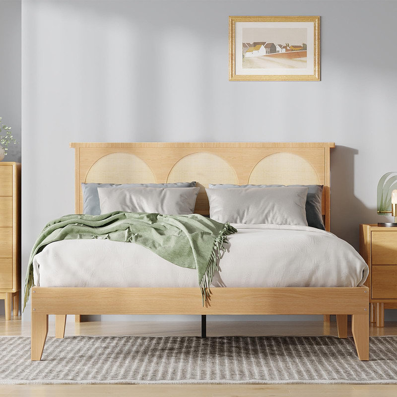 Grand lit plateforme en rotin avec lumières DEL, sans sommier, cadre en bois bohème, Grand lit