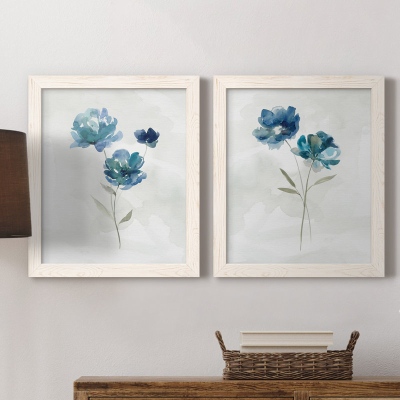 «Blue Botanical I», ensemble de 2 reproductions d'art, H 24 po x l 36 po x P 1,5 po, Toile blanche encadrée, Pas de tapis