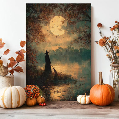 Tableau sur toile encadré (1 pièce) représentant une sorcière dans une forêt au clair de lune, idéal pour décorer un salon, une chambre, un bureau, une salle de bain, une chambre d'étudiant ou toute autre pièce de la maison. Prêt à accrocher.