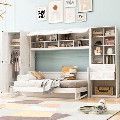 Full Size White Bed With Side Storage And Space - Saving Feature For In Small Apartment Drawers Shelves Guest Room
