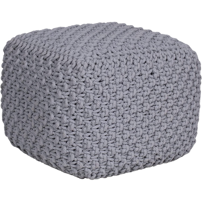 Gray Hand-Knitted Cotton Square Pouf Ottoman