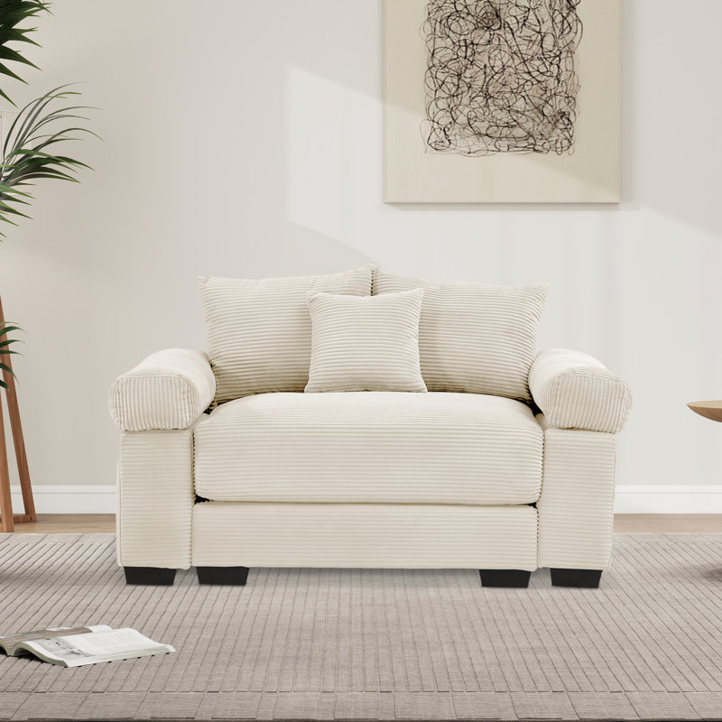 Fauteuil surdimensionné en velours côtelé 54,3 po avec coussins, Crème, crème