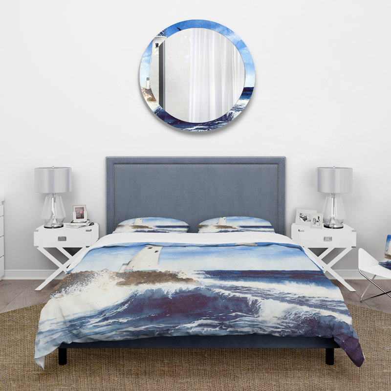 Phare sur les îles Rocheuses avec mouettes - Ensemble de housse de couette nautique - Microfibre de polyester
