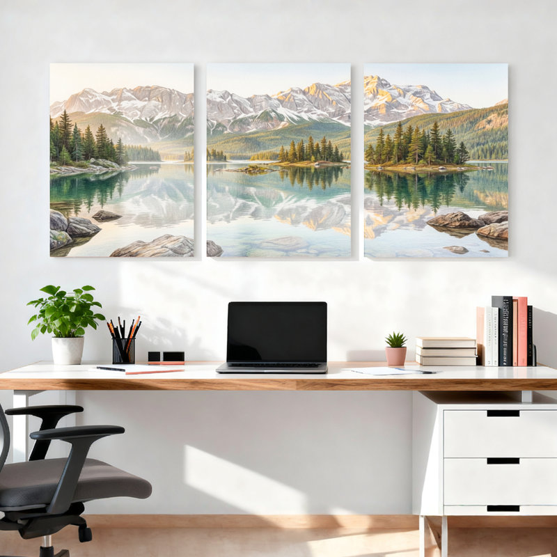 Ensemble de 3 tableaux sur toile représentant un paysage de lac de montagne, 2436