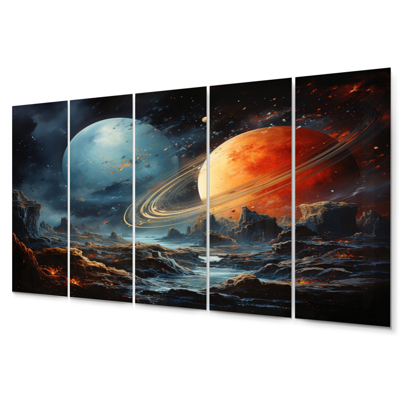 Ensemble de reproductions d'art mural en métal orange et bleu, "Space Dreams II - Galaxies"
