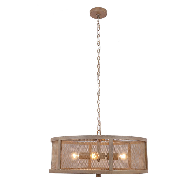 23.75"W Malpartida Woodgrain Finish Metal Caged 4-Light Chandelier