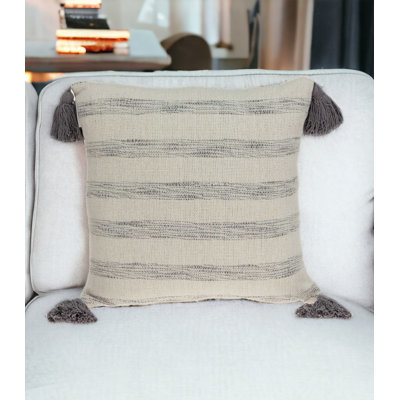 Seema Beige Printed Striped Tassel Throw Pillow