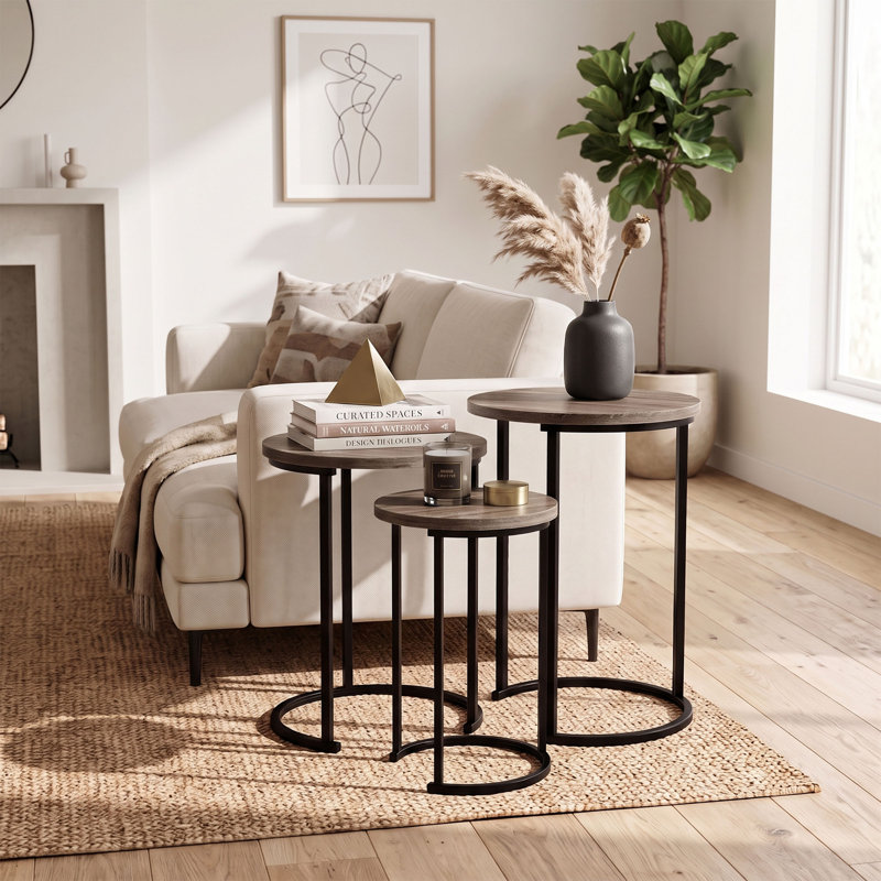 Tables d'appoint gigognes rondes Laib, ensemble de 3, Grey/Brown Woodgrain-Look