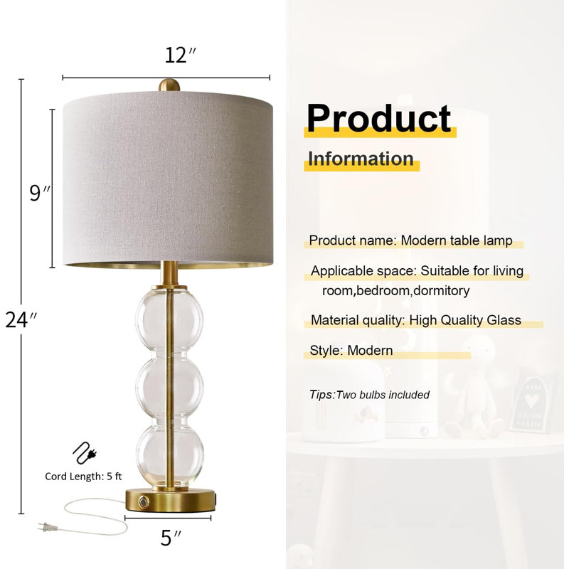 USB A + C 3 voies à commande tactile à intensité variable de 24 po de style moderne en verre transparent et lampe de table en métal doré pour le salon, la chambre à coucher, la table de chevet et la table de chevet, ensemble de 2 pièces dorées (am