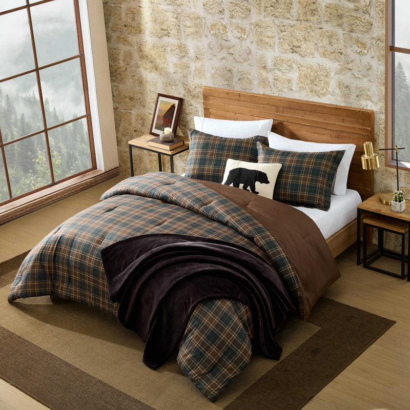 Ensemble d'édredon réversible à carreaux brun Eddie Bauer Huntley, Édredon pour grand lit + 2 taies décoratives
