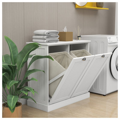 White Two-Compartment Tilt-Out Laundry Sorter Cabinet - MDF Laundry Storage Organizer with Removable Cloth Bags
