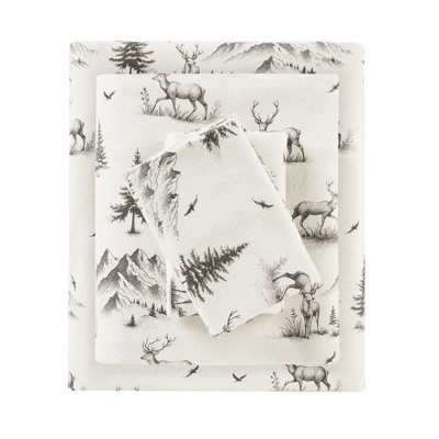 Gray Deer Toile 4 Pcs Full Sheet , 100% Cotton Flannel Brushed Both Sides,  Full Fitted For 12" Mattresses,   14", With 1 Fitted, Flat And 2 Pillowcases, Easy Care Machine