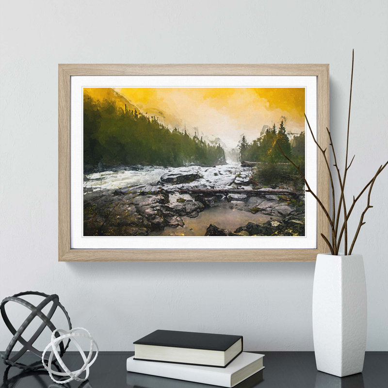 Mountain Stream View in Abstract - Picture Frame Graphic Art Print, 27cm H x 36cm W x 2cm D, Oak Framed