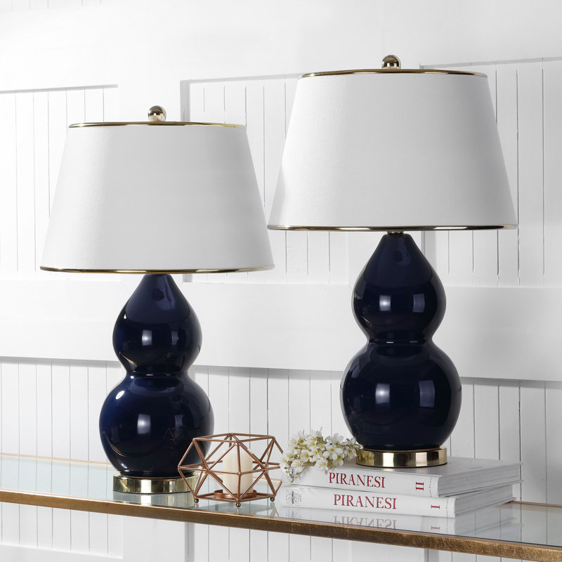 Navy Ceramic Double Gourd Table Lamp Set with Off-White Shades