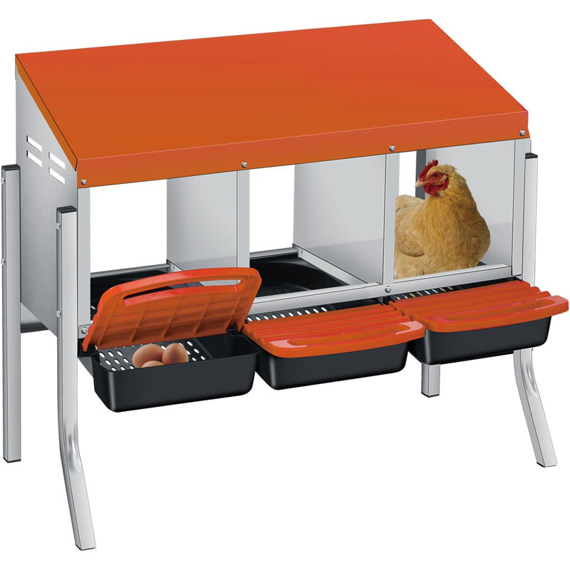 Chicken Nesting Boxes with Legs, 3 Hole Weatherproof Galvanized Steel Chicken Egg Laying Box with Handle Perch & Automatic Rollout Egg Collection, Easy Clean & Quick Assemble for Chicken Coop