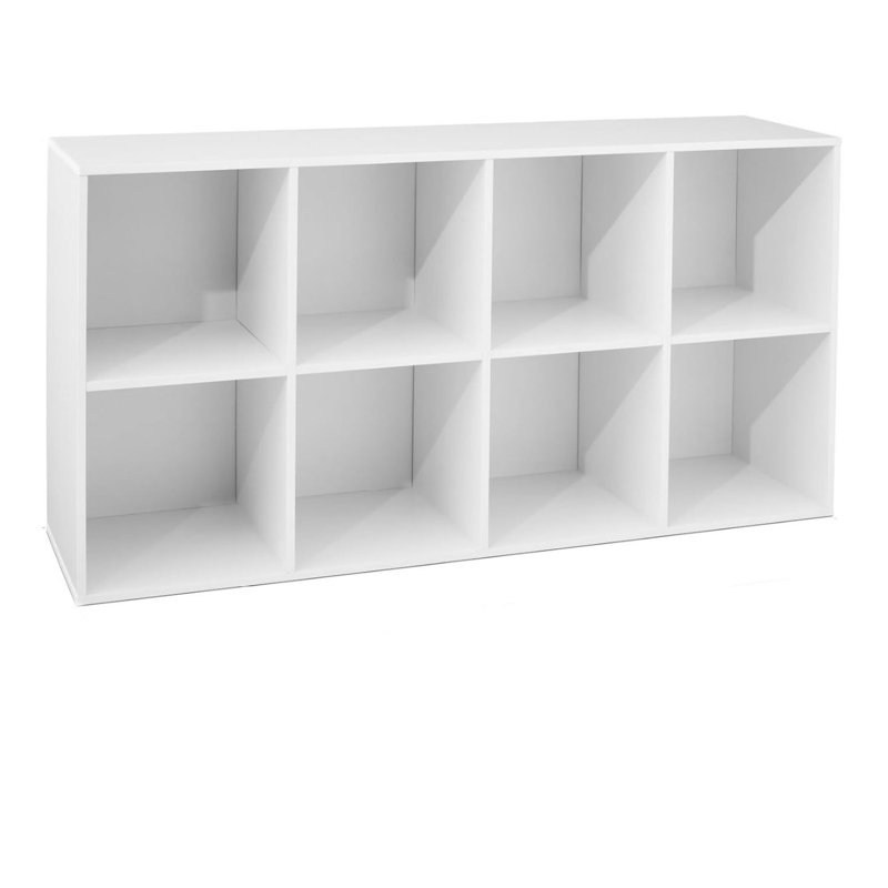 8-Cube Bookshelf, 11in Display Storage System, Organizer w/ Removable Back Panels, White, (8 Shelves) 24"H x 47.85"W x 11.5"D